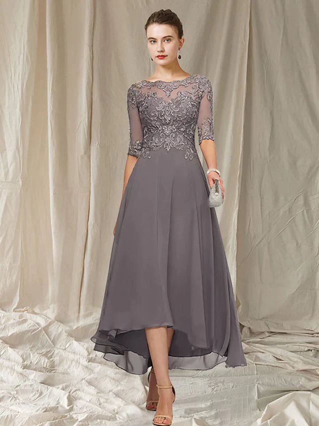 Wholesale A-Line Mother of the Bride Dress Elegant Jewel Neck Asymmetrical Ankle Length Chiffon Lace Half Sleeve with Pleats Appliques